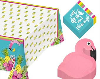Pineapple Flamingo Party Pack - Flamingo Shaped Paper Dessert Plates, Napkins, Table Cover, and Banner (Serves 16)