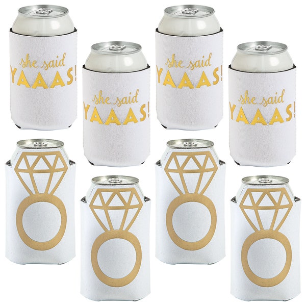 Bridal & Bachelorette Party Supplies - White and Gold She Said Yaaas and Diamond Ring Can Sleeve Beer Hugger/Can Cooler Set