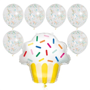 May include: A set of 6 confetti balloons and a large silver cupcake-shaped balloon. The balloons are clear with colorful confetti inside. The cupcake balloon has a yellow and white frosting design with colorful sprinkles.