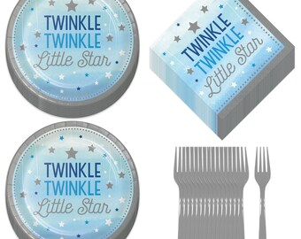 Twinkle Little Star Blue and Silver Paper Dessert Plates, Lunch Napkins, and Forks For Boys 1st Birthday and Baby Shower(Serves 16)