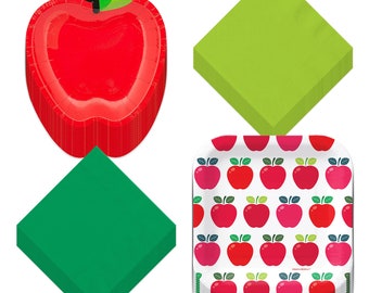 Apple Party Mix - Square Paper Dessert Plates, Apple-Shaped Appetizer Plates, and Beverage Napkins (32 Plates and 32 Napkins)