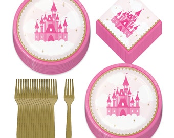 Pink Princess Party Supplies - Little Princess Castle Paper Dessert Plates, Beverage Napkins, and Forks (Serves 16)