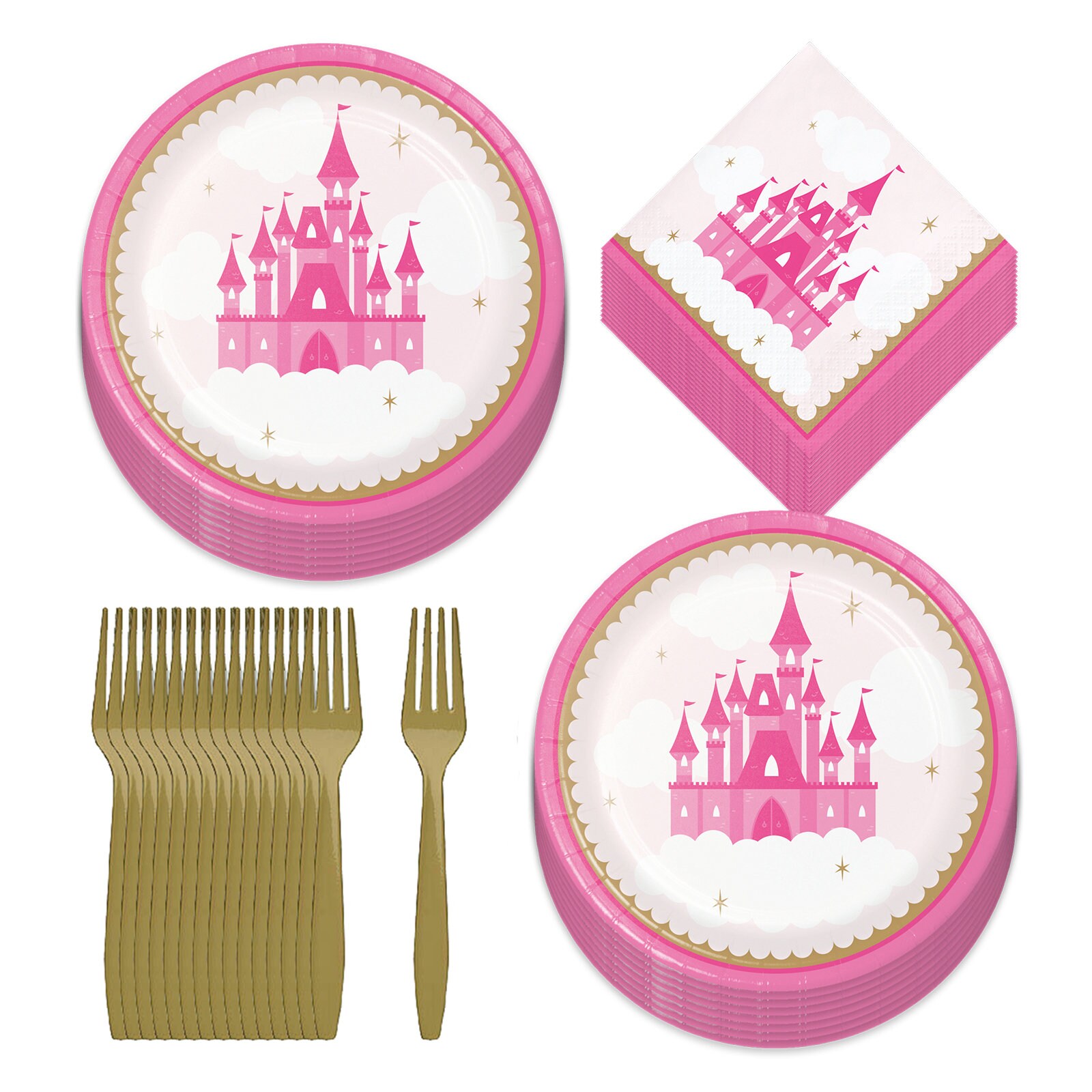 Pink Princess Party Supplies Little Princess Castle Paper Dessert Plates Beverage Napkins and Forks Serves 16