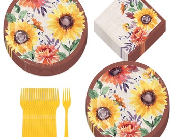 Bright Fall Sunflower Paper Dinner Plates, Lunch Napkins, and Forks (Serves 16)