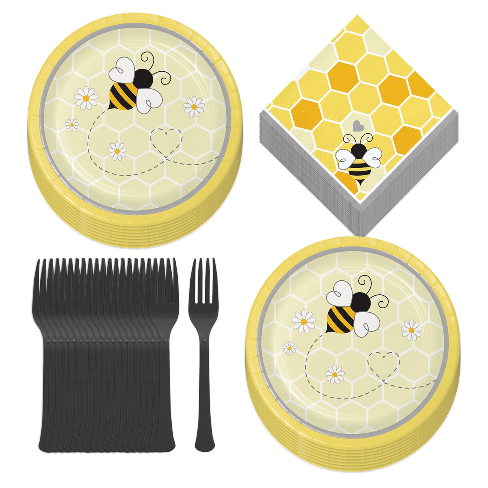 Bee Party Supplies for Baby Showers and Birthdays Bumblebee Paper Dessert Napkins and Forks Serves 16
