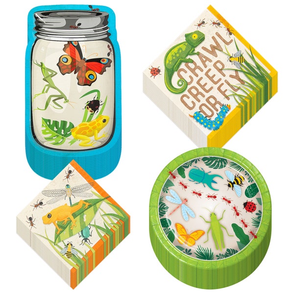 Insect & Bug Party Supplies -  Dinner Plates, Dessert Plates, Beverage Napkins, and Lunch Napkins (32 Total Plates and Napkins)