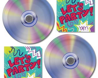 90s Theme Party Supplies, CD Dinner Plates and Let's Party Napkins, Retro Birthday Decor, Serves 16