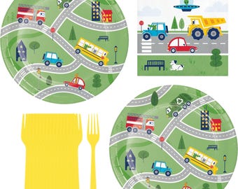 Things That Go Party Supplies for 16 – Trucks Cars Bus Birthday Plates, Napkins & Yellow Forks – Transportation Vehicle Theme