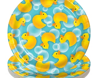 May include: A stack of 8 blue paper plates with a yellow rubber ducky pattern. The plates have white bubbles and the text "Home &  Kooka" on the bottom right corner.