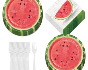 Farm Fresh Watermelon Party Paper Dessert Plates with Green Rind Trim, Beverage Napkins, and Forks (Serves 16)