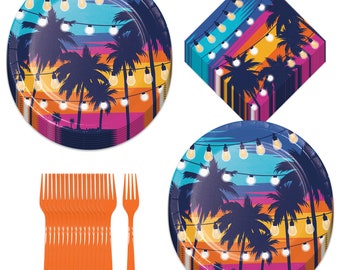 Summer Vibes Party Sunset Beach Palm Paper Dinner Plates, Lunch Napkins, and Forks (Serves 16)