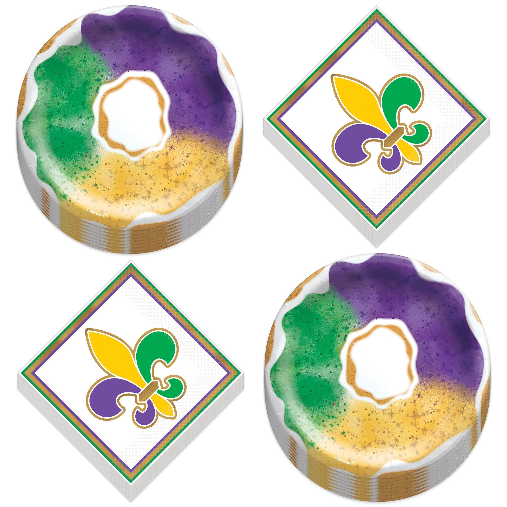Mardi Gras Party Supplies King Cake Paper Dessert Plates and Beverage Napkins Serves 16