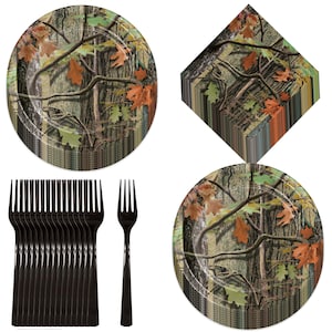 Camouflage Party Supplies - Hunting Camo Paper Dessert Plates, Lunch Napkins, and Forks (16 Plates, Napkins, and Forks)