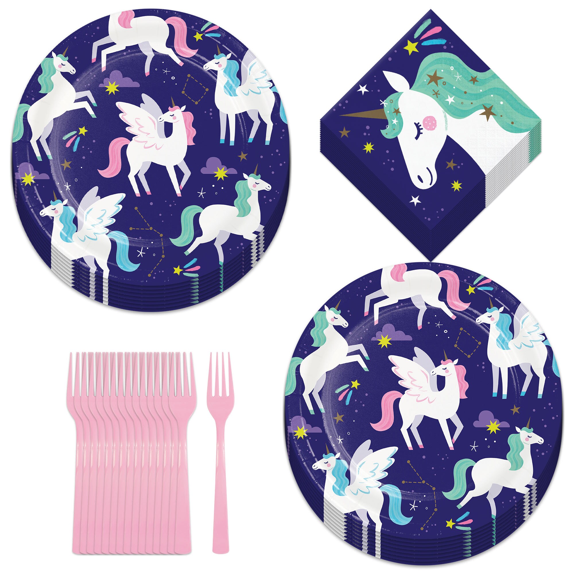 Unicorn Party Supplies Pegsasus Unicorn Galaxy Midnight Purple Paper Dinner Plates Napkins and Forks Serves 16