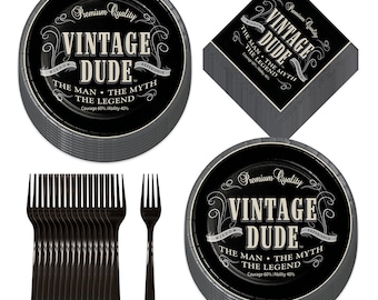 Old Man Vintage Dude Party Supplies - Paper Dinner Plates, Beverage Napkins, and Forks (Serves 16)