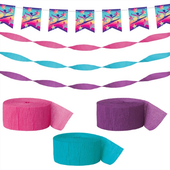 Gymnastics Party Decorations Pack Pink, Purple, and Teal Crepe Streamers  With Gymnast Fishtail Banner 