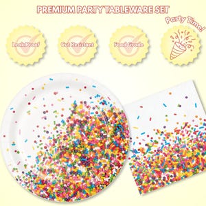 May include: A premium party tableware set featuring a white paper plate and napkin decorated with colorful sprinkles. The plate and napkin are labeled as leak proof, cut resistant, and food grade. The text "Party Time!" is also visible.