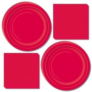 May include: A set of solid red party supplies consisting of two stacks of round plates and two stacks of square napkins. The items are all a uniform, vibrant red color with a smooth finish, arranged in a grid pattern against a plain background.