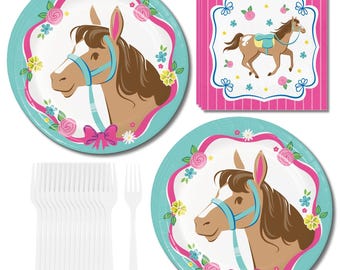 May include: A party supply set featuring two round paper plates and a stack of square paper napkins, all decorated with brown horses, pink roses, and blue accents. The set also includes a collection of white plastic forks for serving food.