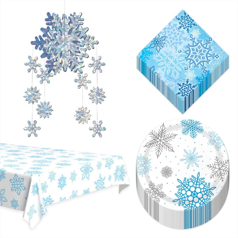 Winter Snowflake Dessert Paper Plates, Napkins, Table Cover, and ...