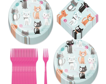 May include: A set of blue and white paper plates with a cat theme. The plates feature various cats with yarn balls and glasses. The set also includes pink plastic forks and a stack of blue and white napkins with a cat theme.