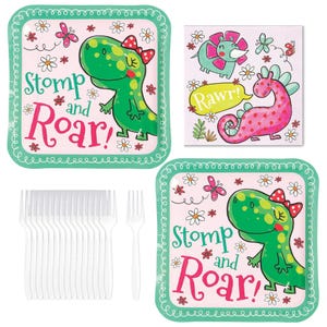Girl Dinosaur Party Supplies - Mint Green & Pink Dino Square Paper Dinner Plates, Napkins, and Forks (16 Plates, Napkins, and Forks)