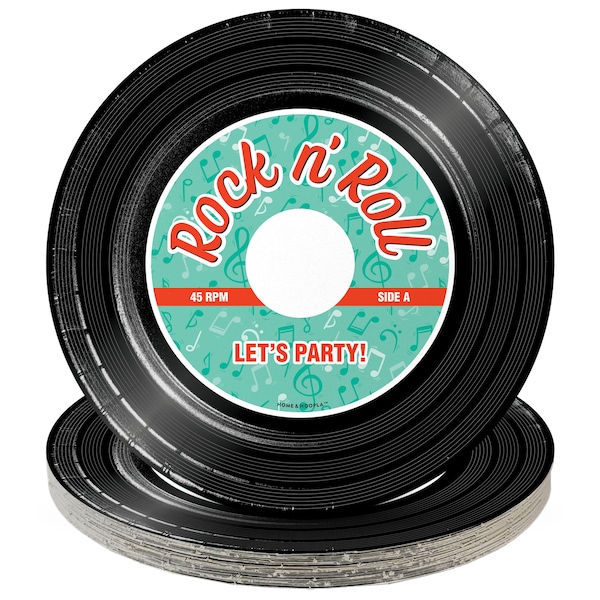 Rock 'N' Roll Party Supplies - 50's Record Round Paper Dessert Plates for 16 Guests