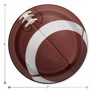 May include: A brown and white football-shaped paper plate, 7 inches in diameter.