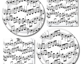 May include: A set of two round paper plates and two stacks of square paper napkins, all featuring a repeating black and white musical staff pattern with various notes and symbols printed across the entire surface of each item.