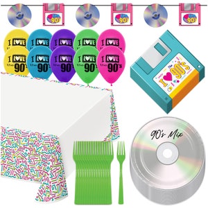 90's Mix Party Pack - CD Dessert Plates, Floppy Disk Napkins, Forks, Table Cover, Banner, and I Love the 90's Balloons (Serves 16)