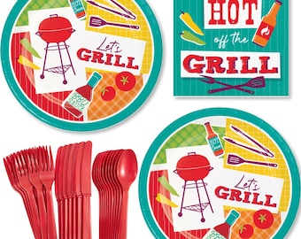 BBQ Party Supplies, Let's Grill Plates and Napkins, Red Cutlery Set, Summer Cookout Decor, I Do BBQ Engagement Party, Serves 16