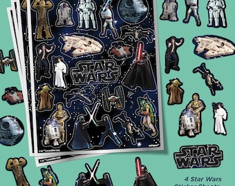 Láminas de pegatinas clásicas de Star Wars, 4 láminas, 76 pegatinas en total.
