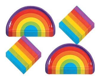 Bright Rainbow Shaped Paper Dessert Plates and Beverage Napkins (Serves 16)