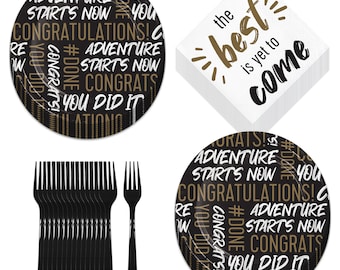 Graduation Party Golden Grad Black, White, & Gold Paper Dessert Plates, Beverage Napkins, and Forks (Serves 16)