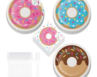 Donut Party Supplies - Assorted Donut Paper Dessert Plates, Sprinkles Beverage Napkins, and Forks (Serves 16)