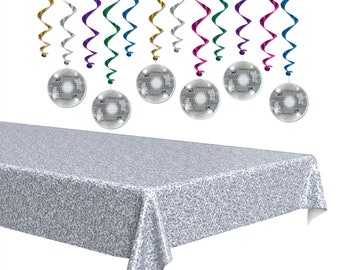 Disco Party Decorations - Disco Ball Whirls Hanging Decorations and Silver Fringe Table Skirt