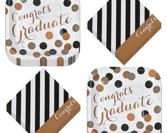 Graduation Party Supplies - Black & Gold Grad Square Paper Dessert Plates and Beverage Napkins (Serves 16)