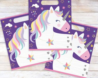 Purple Unicorn Birthday Party Plastic Loot Bags & Party Favor Bags, 11 Inch Size, 16 Count