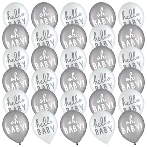 Baby Shower Party Supplies Hello Baby Gray & White Latex Balloon Party Decorations, 30 Count
