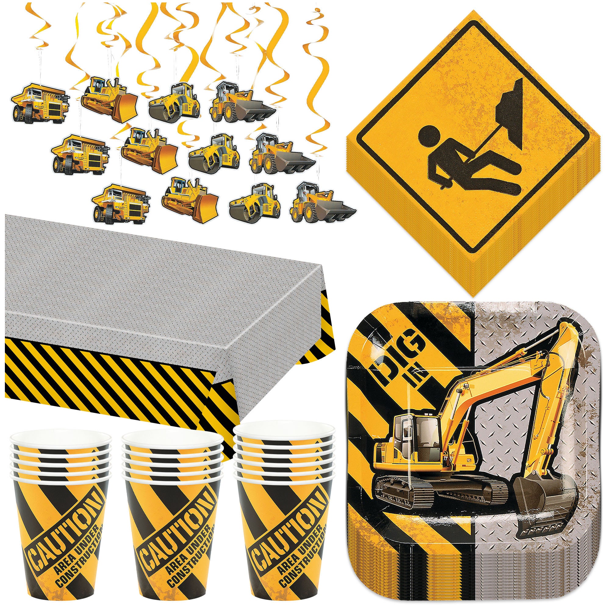 Construction Party Zone Dessert Pack Paper Plates Beverage Napkins Cups Table Cover and Cutouts Set Serves 16
