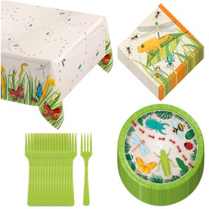 Insect Party Pack - Bug Party Paper Dessert Plates, Napkins, Forks, and Table Cover Set (Serves 16)