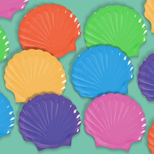 May include: A set of colorful seashell-shaped plates in various colors, including orange, yellow, blue, purple, and pink. The plates are arranged in a semi-circle on a light green background.