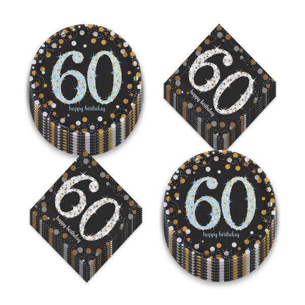 60th Birthday Party Supplies - Metallic Silver and Gold Dot Paper Dessert Plates and Beverage Napkins (Serves 16)