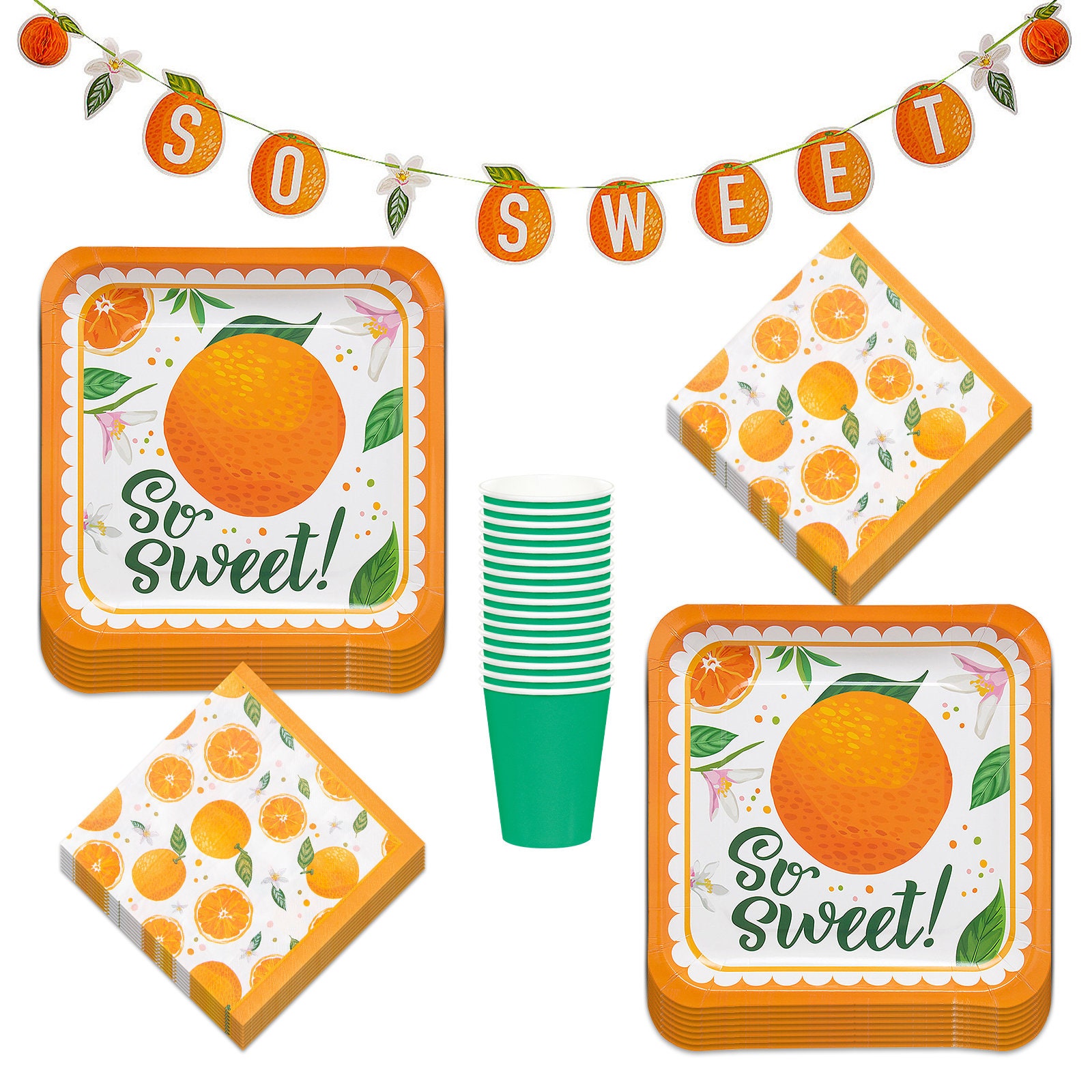 Little Cutie Party Clementine Orange Citrus Paper Dinner Plates Napkins Cups and Garland Set Serves 16