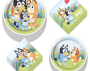 Artículos para la fiesta de cumpleaños de Bluey: platos llanos y de postre, servilletas (32 invitados)