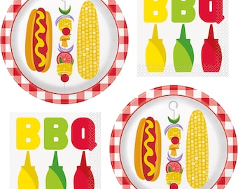 Classic BBQ Plates and Napkins Set: Red Gingham Cookout Party Tableware (Serves 16)