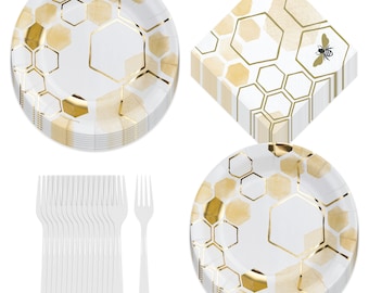 Bee Party Deluxe Metallic Honeycomb Paper Dessert Plates, Beverage Napkins, and Forks (Serves 16)