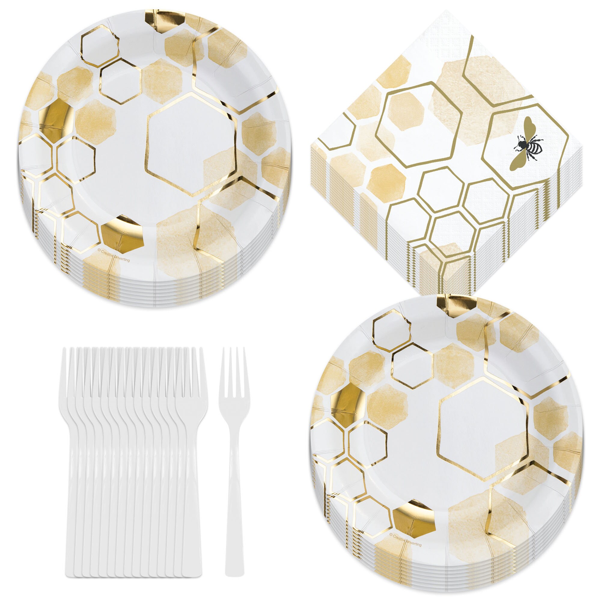 Bee Party Deluxe Metallic Honeycomb Paper Dessert Plates Beverage Napkins and Forks Serves 16