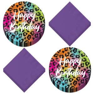 Wild Child Happy Birthday Animal Print Paper Dessert Plates and Purple Napkins - Colorful Wild Animal Print (Serves 16)