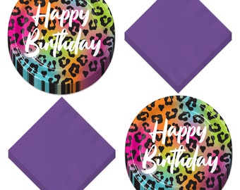 Wild Child Happy Birthday Animal Print Paper Dessert Plates and Purple Napkins - Colorful Wild Animal Print (Serves 16)